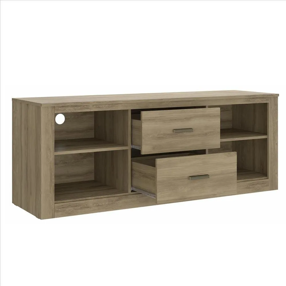 59 Inch Wooden TV Stand with 2 Drawers and 4 Open Compartments, Oak Brown By The Urban Port