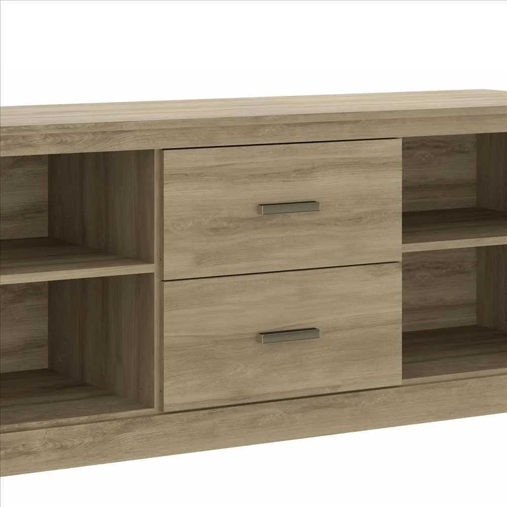 59 Inch Wooden TV Stand with 2 Drawers and 4 Open Compartments, Oak Brown By The Urban Port