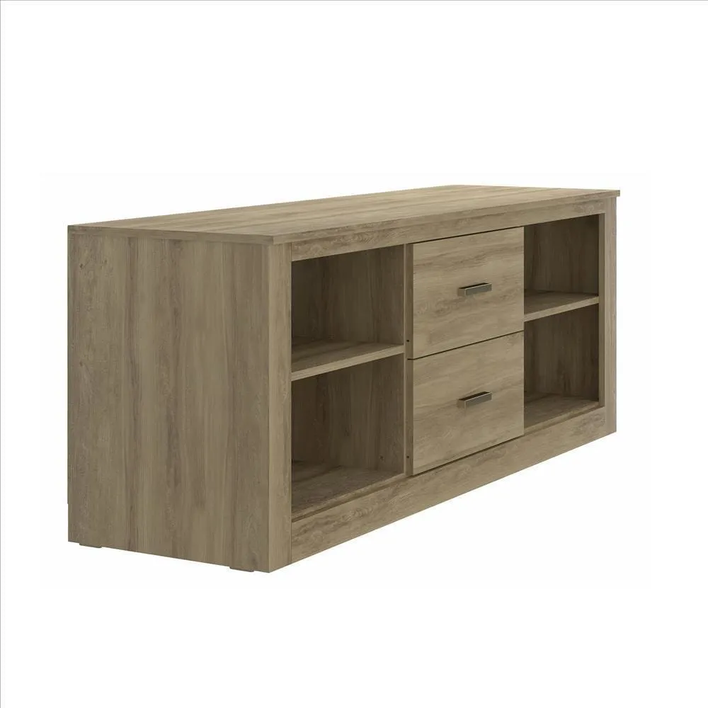 59 Inch Wooden TV Stand with 2 Drawers and 4 Open Compartments, Oak Brown By The Urban Port