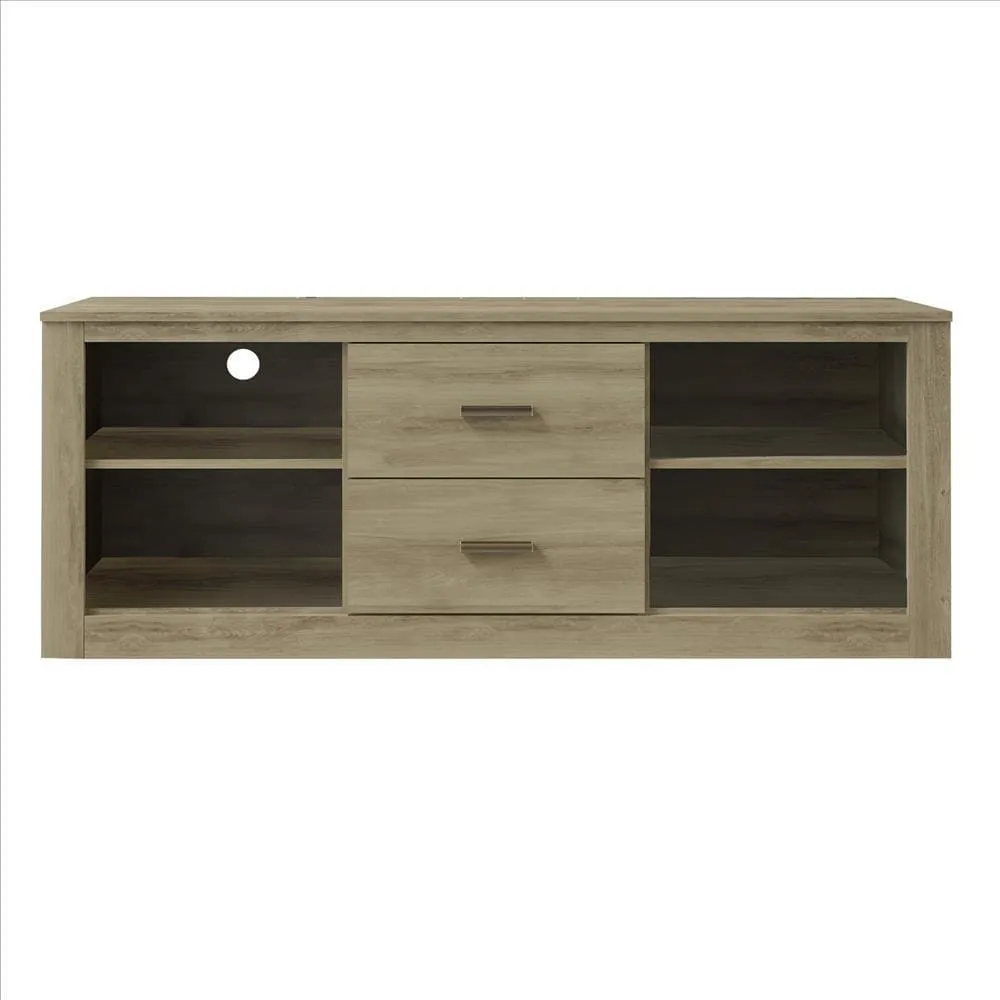 59 Inch Wooden TV Stand with 2 Drawers and 4 Open Compartments, Oak Brown By The Urban Port