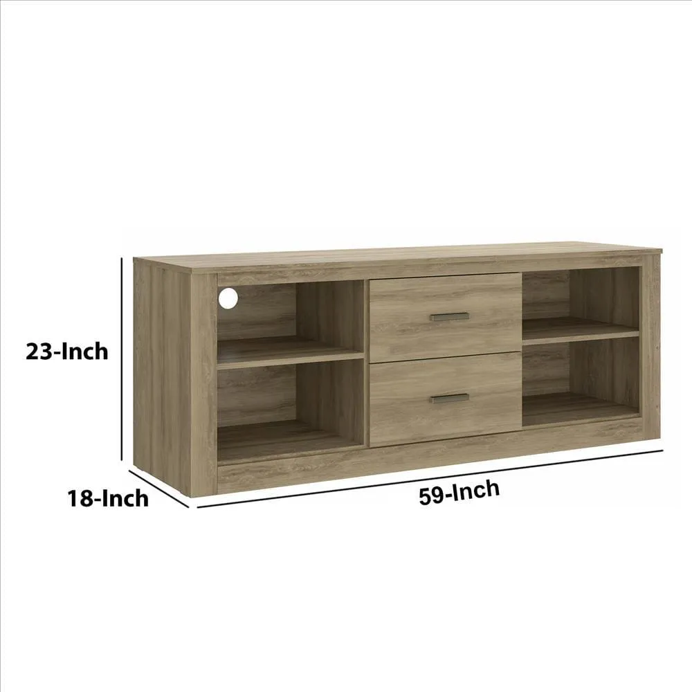 59 Inch Wooden TV Stand with 2 Drawers and 4 Open Compartments, Oak Brown By The Urban Port