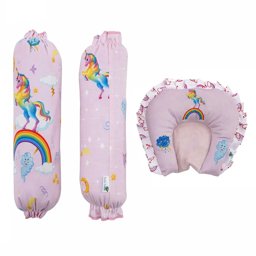 Baby Moo Unicorn Velvet Side Bolster And U Shape Matching Pillow Set - Pink