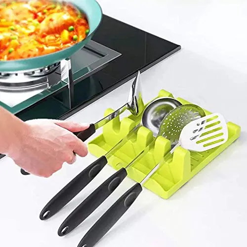 Black Olive 4-Slot Kitchen Cooking Utensil Stand-Multifunction Kitchen Cooking Utensil Plastic Stand Holder Pot Clips Support Spoon Stove Organizer Tool Pan Cover Lid Rack