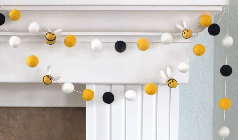 Bumble Bee Felt Garland- Golden Yellow, Black, White