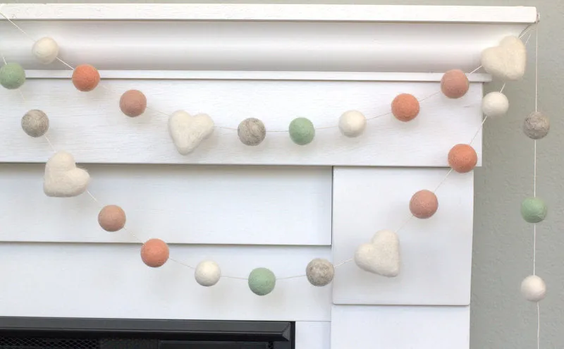 Felt Ball & Heart Garland- Peach, Aqua, Gray