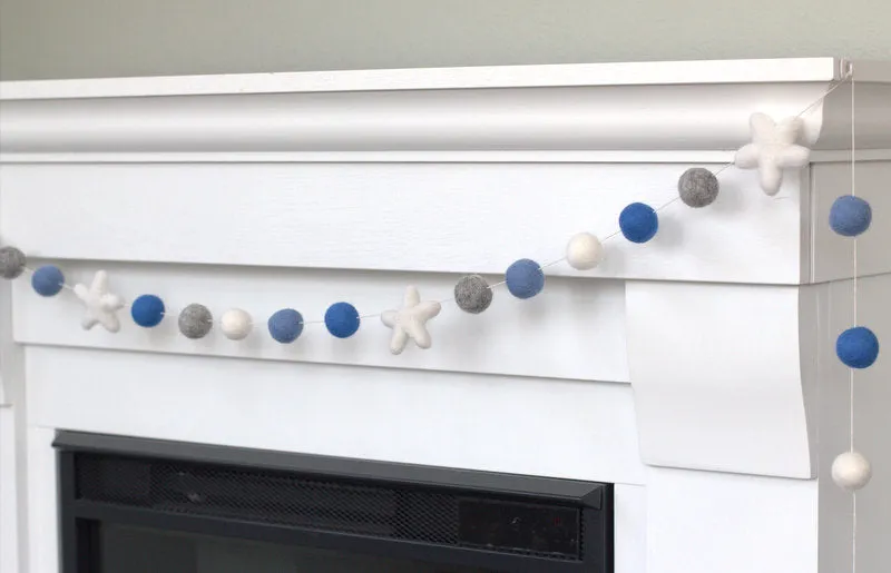 Felt Ball & Star Garland- Baby Blue, Gray, White