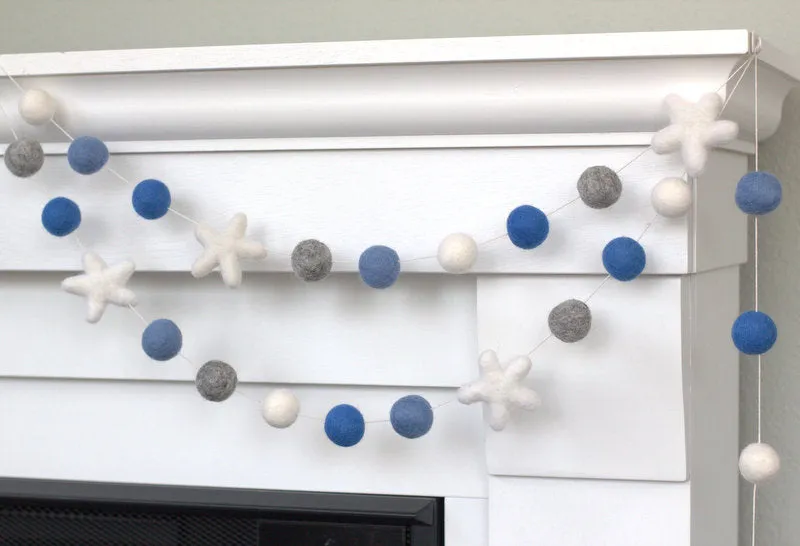 Felt Ball & Star Garland- Baby Blue, Gray, White