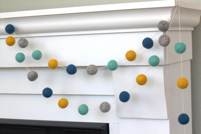 Felt Ball Garland- Turquoise, Peacock, Gray & Golden