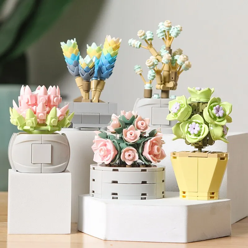 Mini Brick Succulent Potted Flower Model Small Ornament DIY Plant Bonsai Flower Building Block Children's Toy Girl Holiday Gift