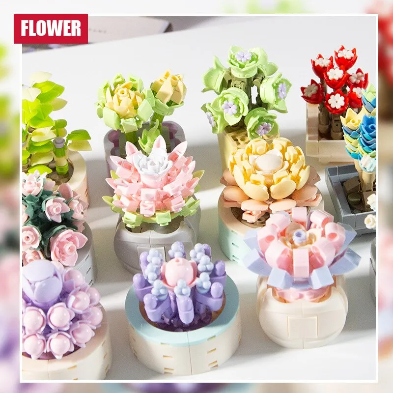 Mini Brick Succulent Potted Flower Model Small Ornament DIY Plant Bonsai Flower Building Block Children's Toy Girl Holiday Gift