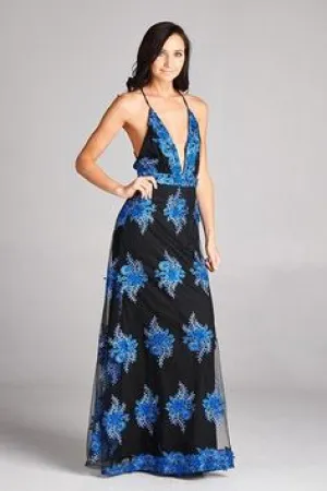 Spaghetti Strap Tulle Black Blue Flowers Long Gown Size S Style 506551