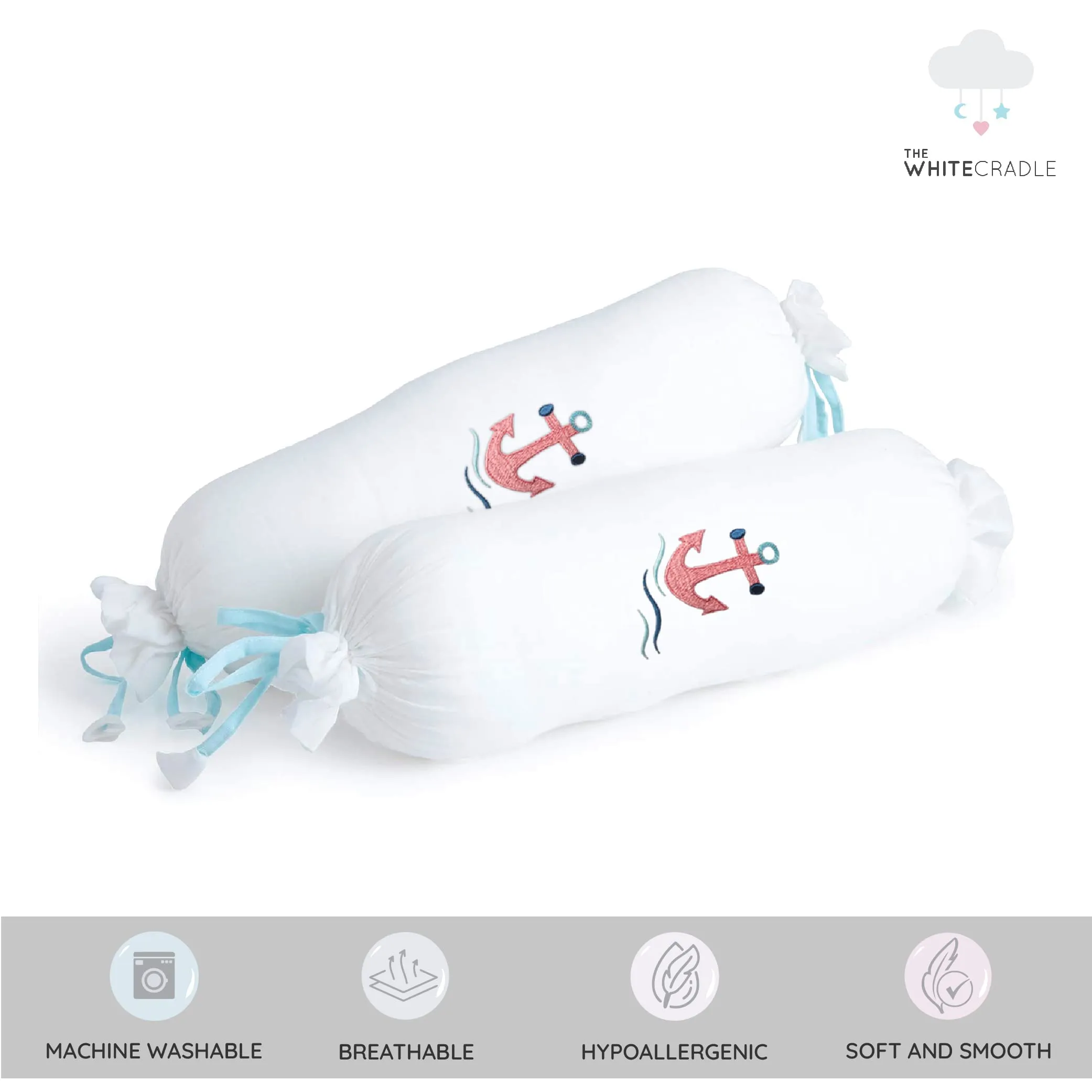 The White Cradle Cot Pillow   2 Bolsters Set with Fillers - Organic Cotton Fabric, Protective Comfort, Softest Fiber Filling - Anchor