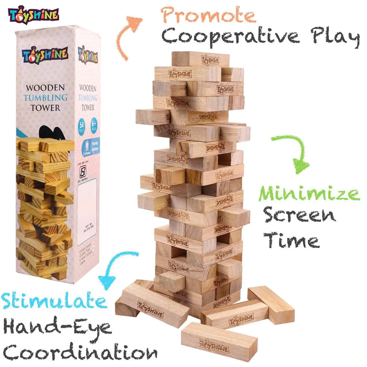 Toyshine Wooden Tower 54 Pcs Teak Wooden Building Block, Stacking Game, Tumbling Tower Game for Kids Adult Boys Girls- Classic Teak