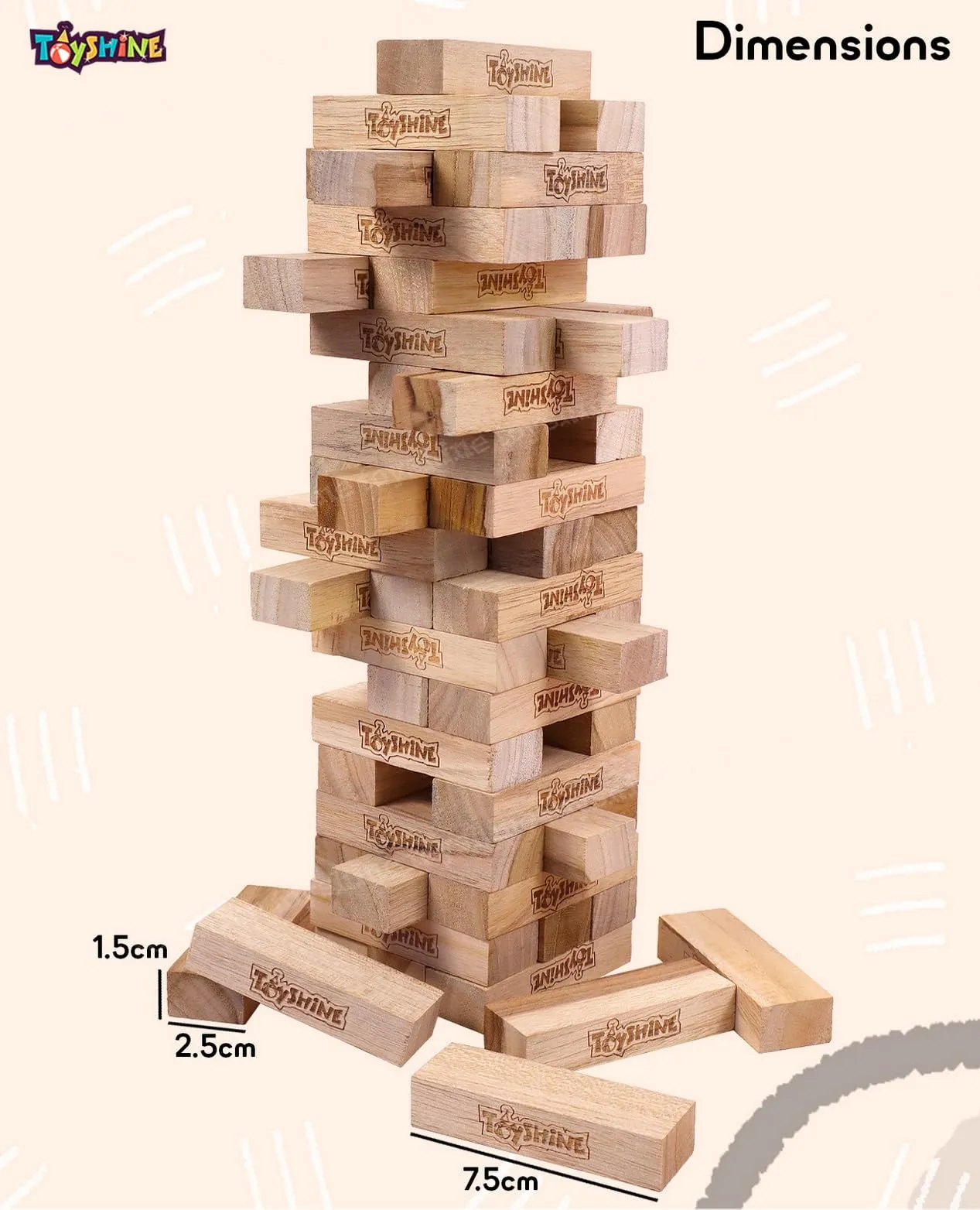 Toyshine Wooden Tower 54 Pcs Teak Wooden Building Block, Stacking Game, Tumbling Tower Game for Kids Adult Boys Girls- Classic Teak