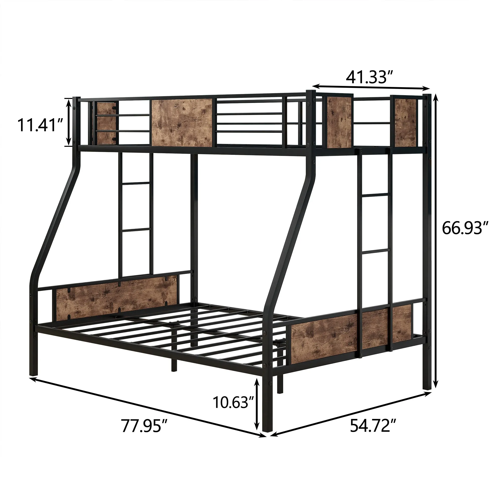 Twin Over Full Metal Bunk Bed, Heavy Duty Metal Bed Frame with Safety Rail , 2 Side Ladders & Decorative Wood ,No Box Spring Needed