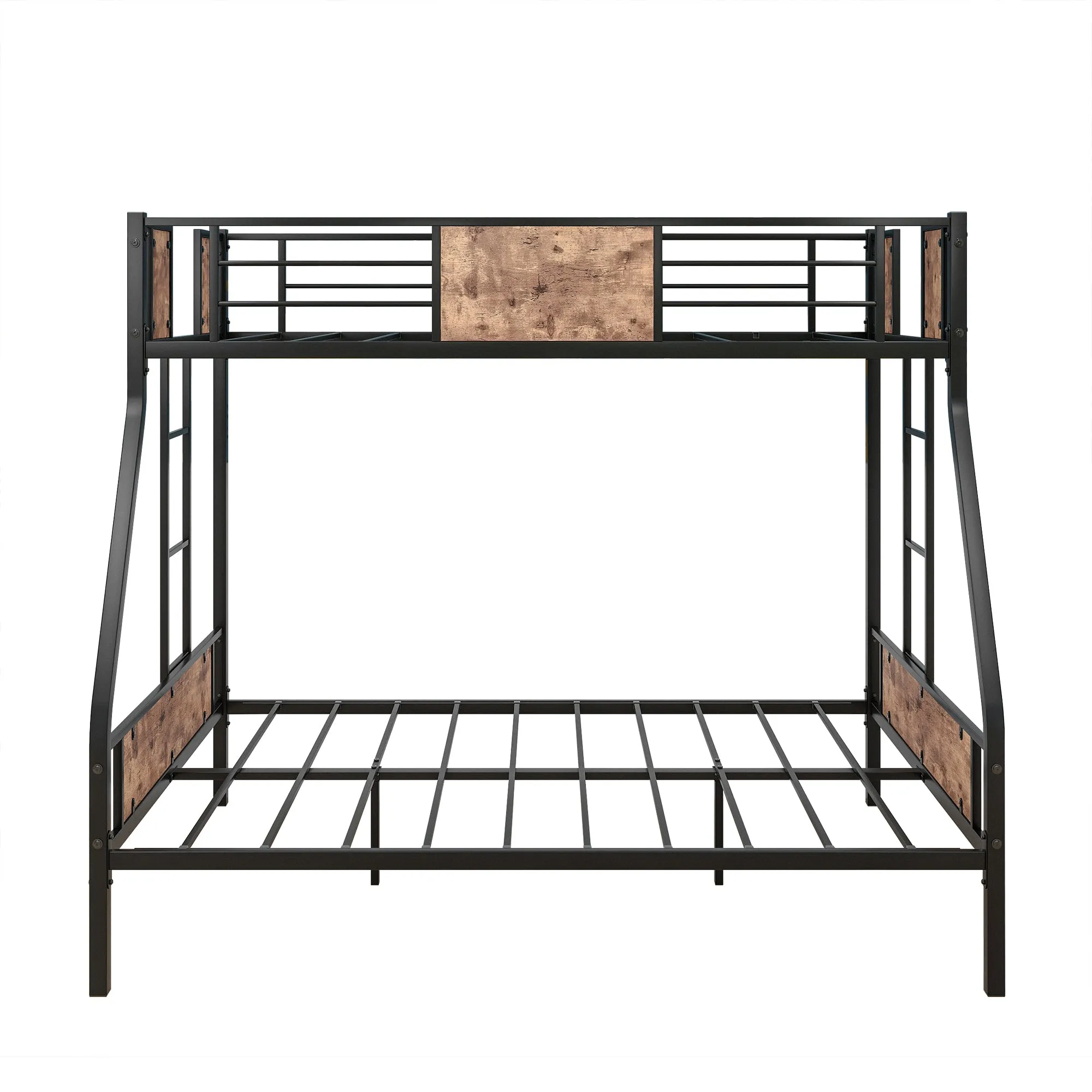 Twin Over Full Metal Bunk Bed, Heavy Duty Metal Bed Frame with Safety Rail , 2 Side Ladders & Decorative Wood ,No Box Spring Needed