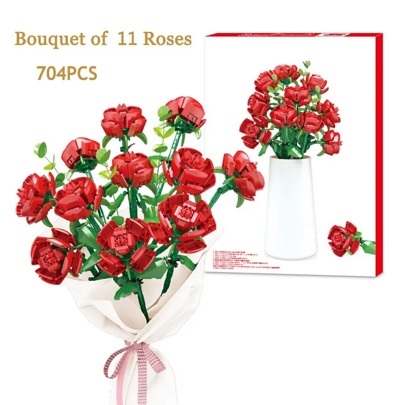 Valentine's Day Bouquet Building Blocks Home Furnishing Bonsai Plant Romantic Rose Flower Model DIY Assembled Brick Girl Gift