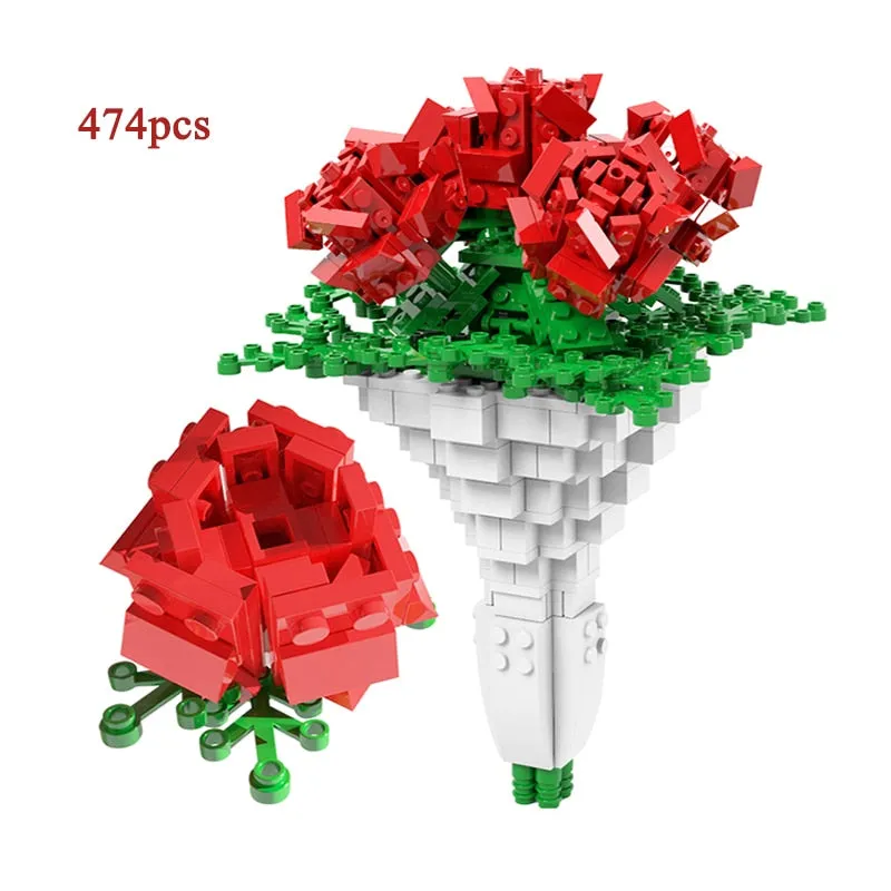 Valentine's Day Bouquet Building Blocks Home Furnishing Bonsai Plant Romantic Rose Flower Model DIY Assembled Brick Girl Gift