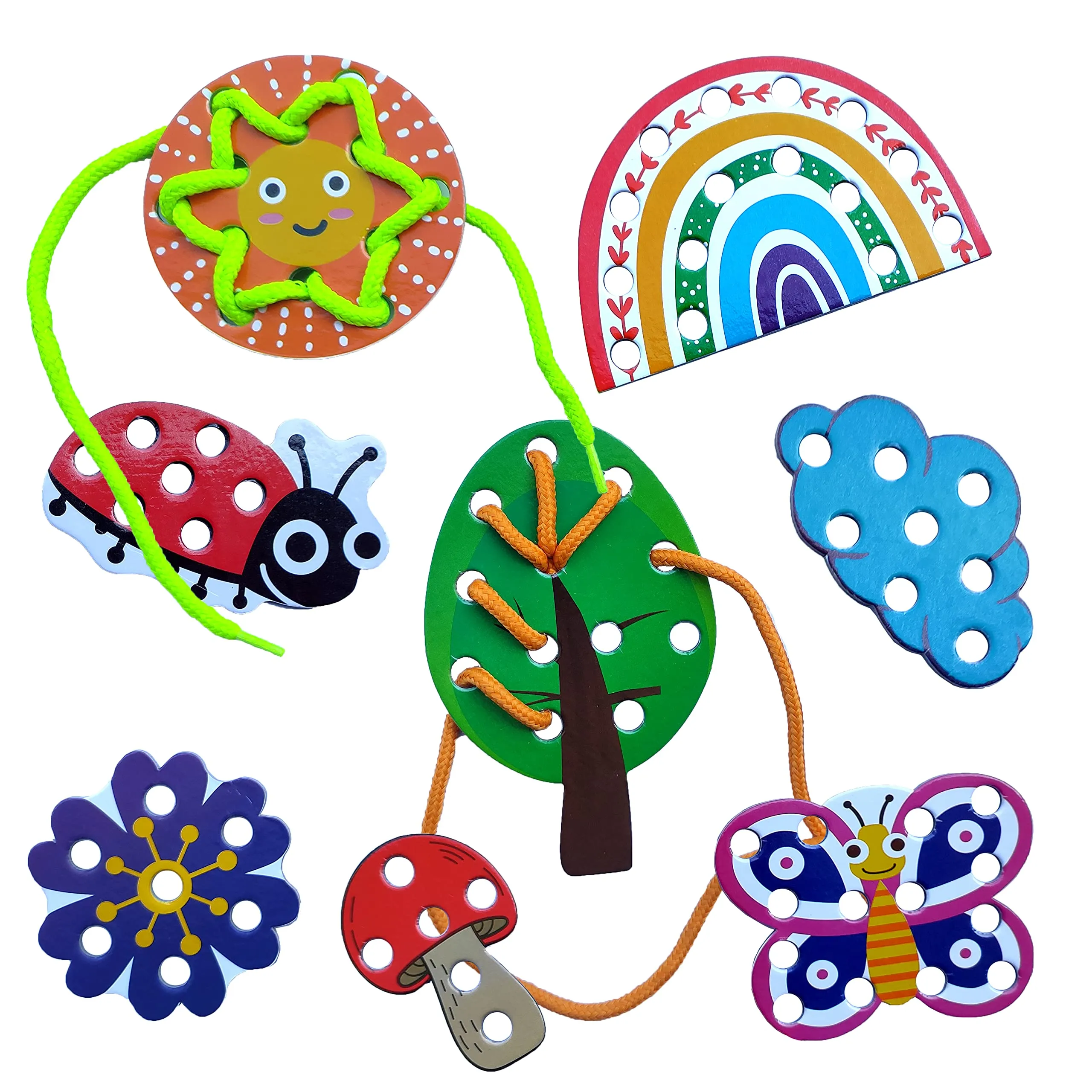 WONDRBOX Lacing Activity for Kids | Includes 8 Big Cardboard Cutouts and 2 Laces | Montessori Educational Toys Gifts for Kids Age 2 3 4 -Multi Color (Nature Lacing)