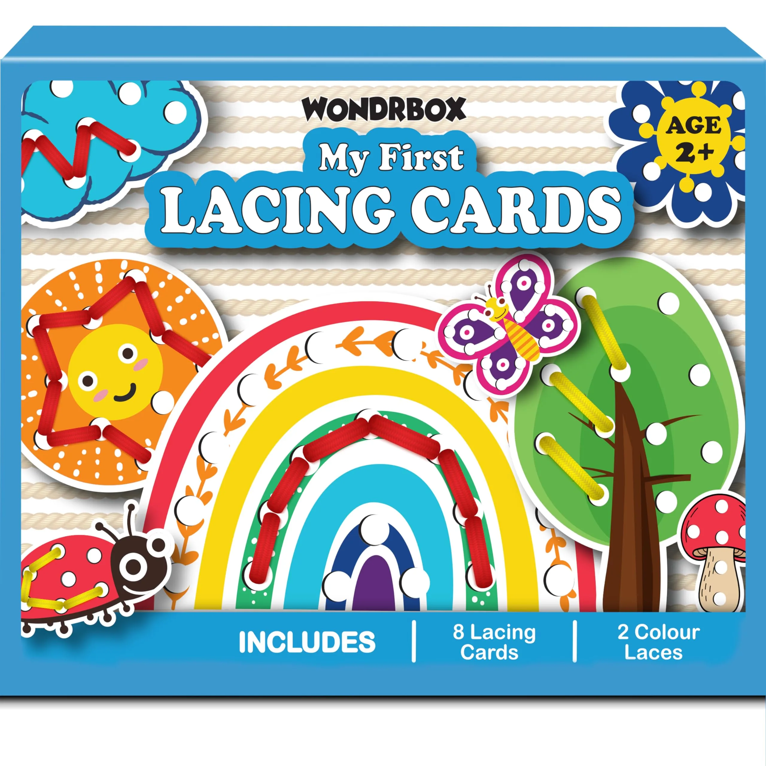 WONDRBOX Lacing Activity for Kids | Includes 8 Big Cardboard Cutouts and 2 Laces | Montessori Educational Toys Gifts for Kids Age 2 3 4 -Multi Color (Nature Lacing)