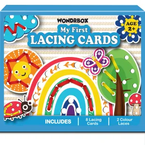 WONDRBOX Lacing Activity for Kids | Includes 8 Big Cardboard Cutouts and 2 Laces | Montessori Educational Toys Gifts for Kids Age 2 3 4 -Multi Color (Nature Lacing)